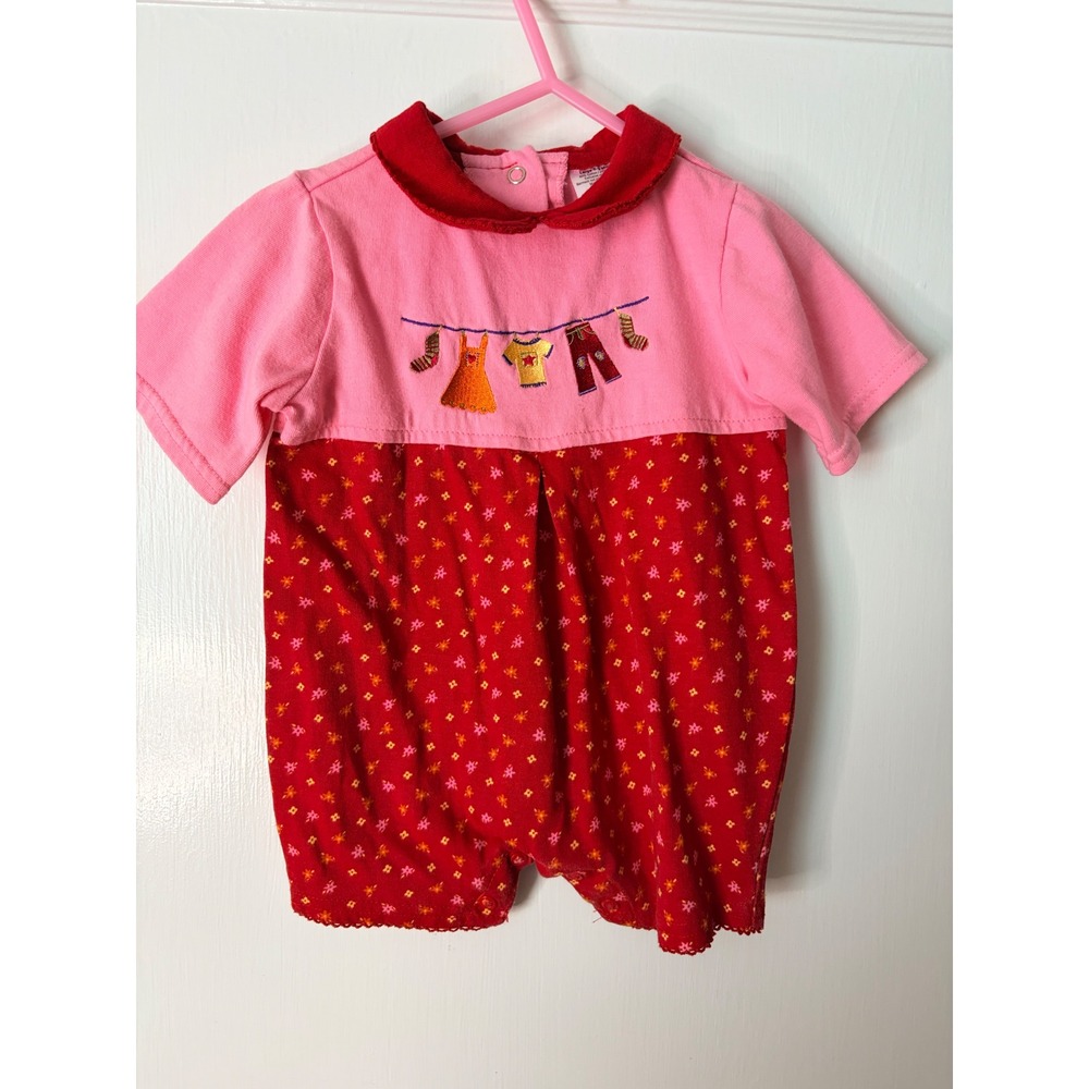Small Steps Vintage Baby Girls Romper Pink Red Floral Laundry Line 6-9 Months